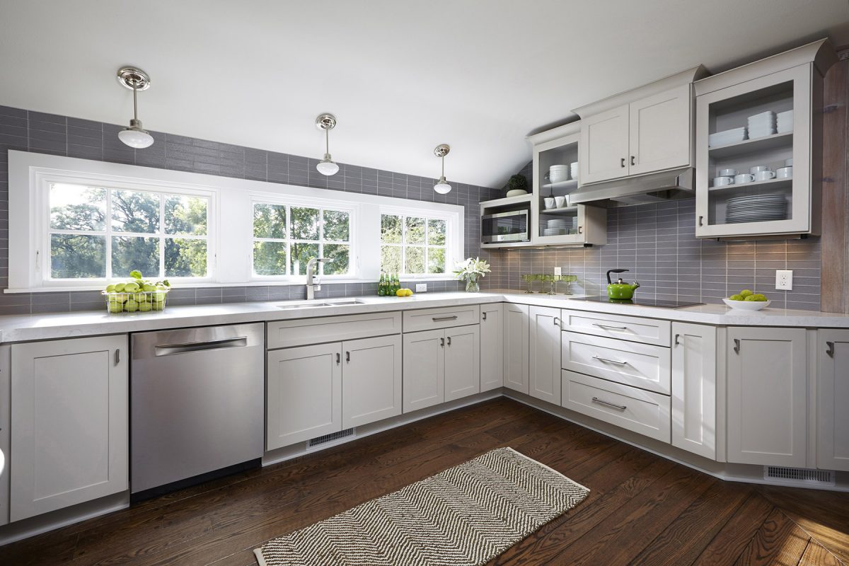 Modern gray kitchen featuring CliqStudios Dayton cabinet style in Painted Urban Stone gray.