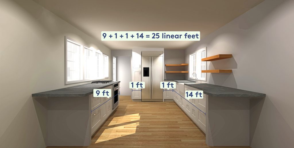 The image represents the linear foot measurements of a galley kitchen. This can help you to understand how much do kitchen cabinets cost depending on measurements.