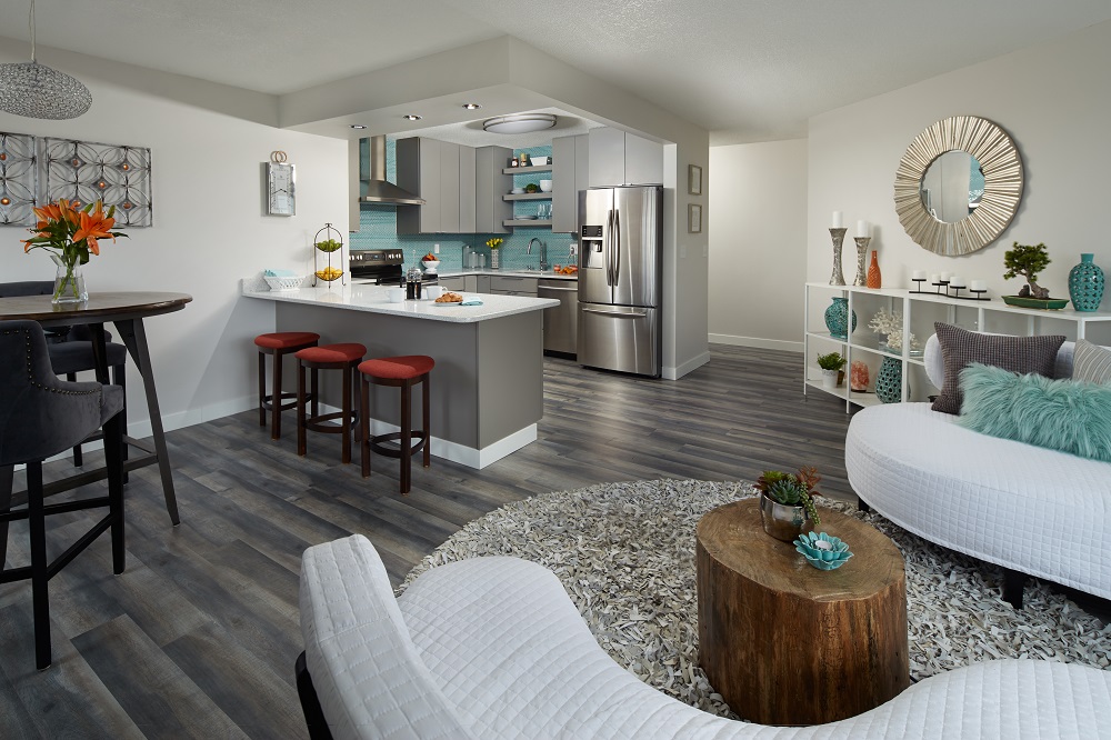 condo iwth gray floor, gray slab door cabinets and modern furniture condo iwth gray floor, gray slab door cabinets and modern furniture