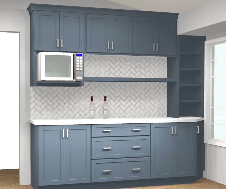 Blue shaker kitchen cabinets with a microwave shelf and open bookcase end Blue shaker kitchen cabinets with a microwave shelf and open bookcase end