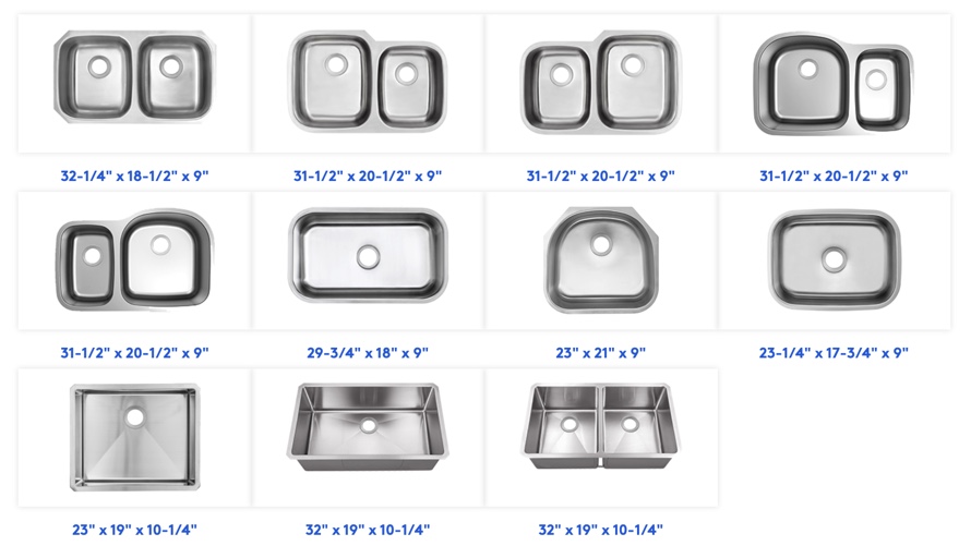 Stainless steel kitchen sinks in double-bowl and single-bowl configurations Stainless steel kitchen sinks in double-bowl and single-bowl configurations