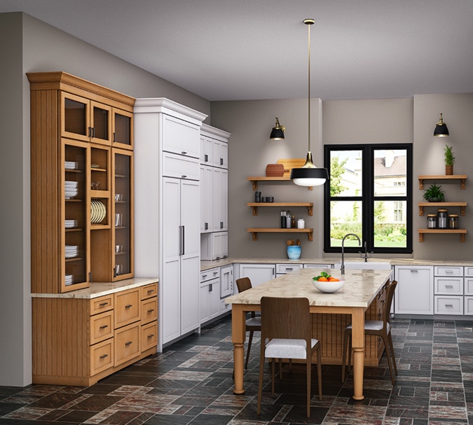 Light brown and white shaker kitchen cabinets with furniture-style island Light brown and white shaker kitchen cabinets with furniture-style island