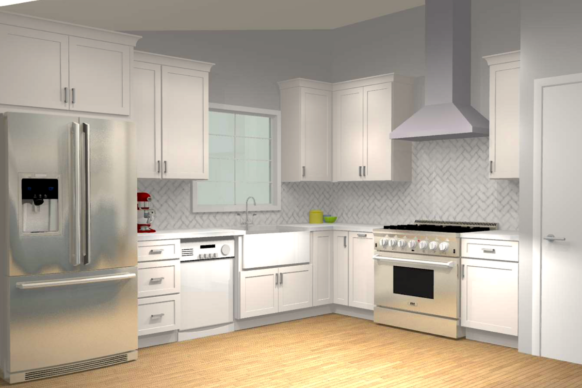 Cream-colored shaker kitchen cabinets with a matching wood hood and large stainless steel gas range Cream-colored shaker kitchen cabinets with a matching wood hood and large stainless steel gas range