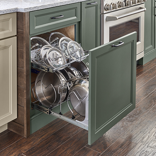 Tiered pull-out pots and pans organizer kitchen cabinet Tiered pull-out pots and pans organizer kitchen cabinet