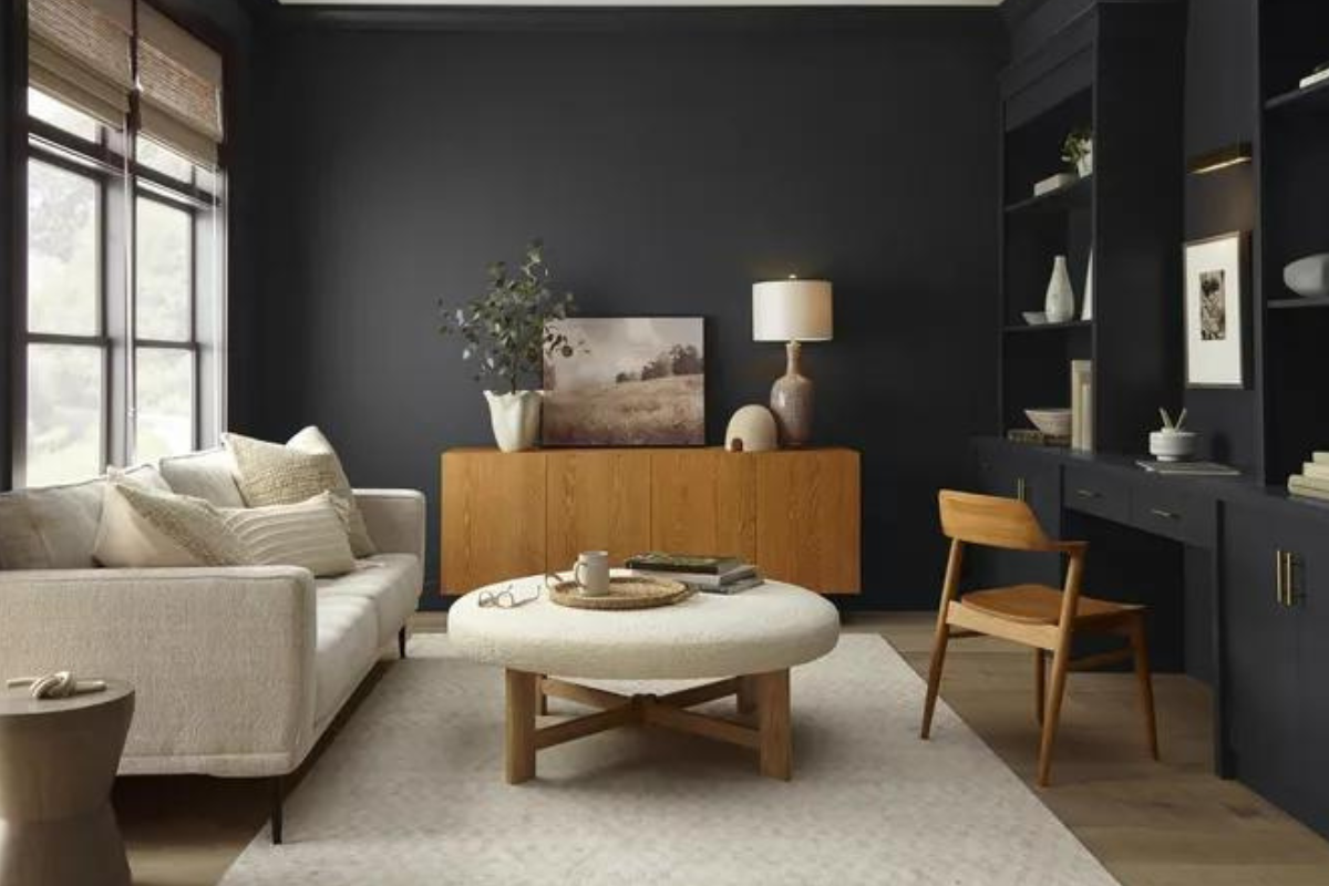 Soft black painted living room walls with cream, neutral, and light wood tone furniture Soft black painted living room walls with cream, neutral, and light wood tone furniture
