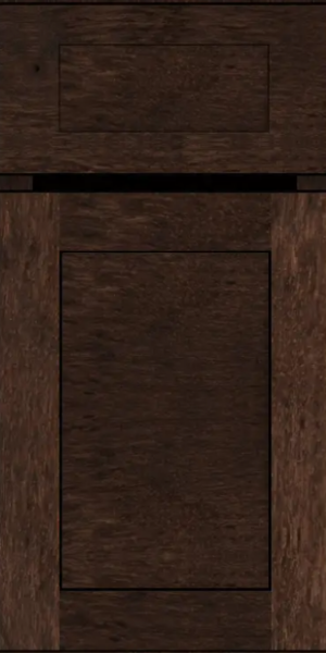 Cherry shaker door style with matching 5-piece drawer front in warm chocolate-brown stain Cherry shaker door style with matching 5-piece drawer front in warm chocolate-brown stain