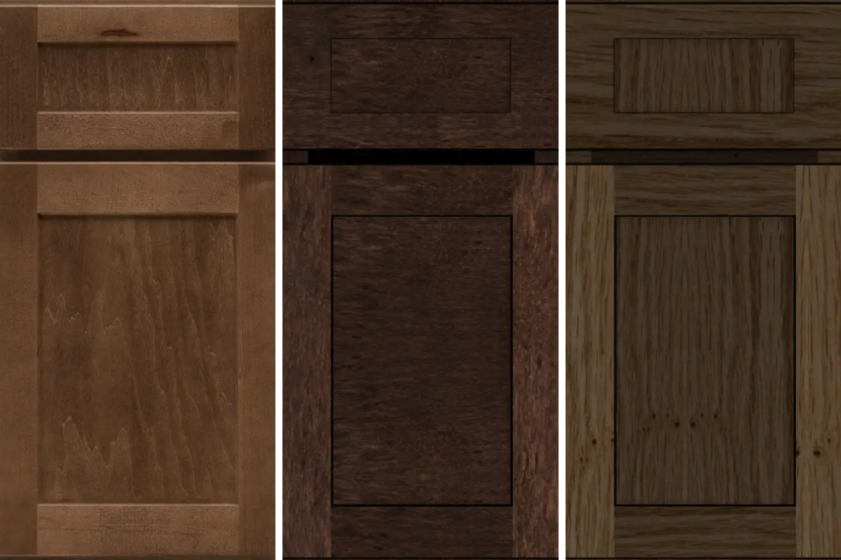 Three shaker door styles with five-piece drawer fronts in warm brown stain Three shaker door styles with five-piece drawer fronts in warm brown stain