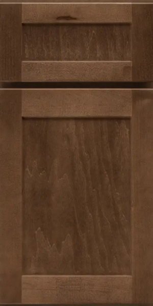 Maple shaker door style with matching 5-piece drawer front in warm chocolate-brown stain Maple shaker door style with matching 5-piece drawer front in warm chocolate-brown stain