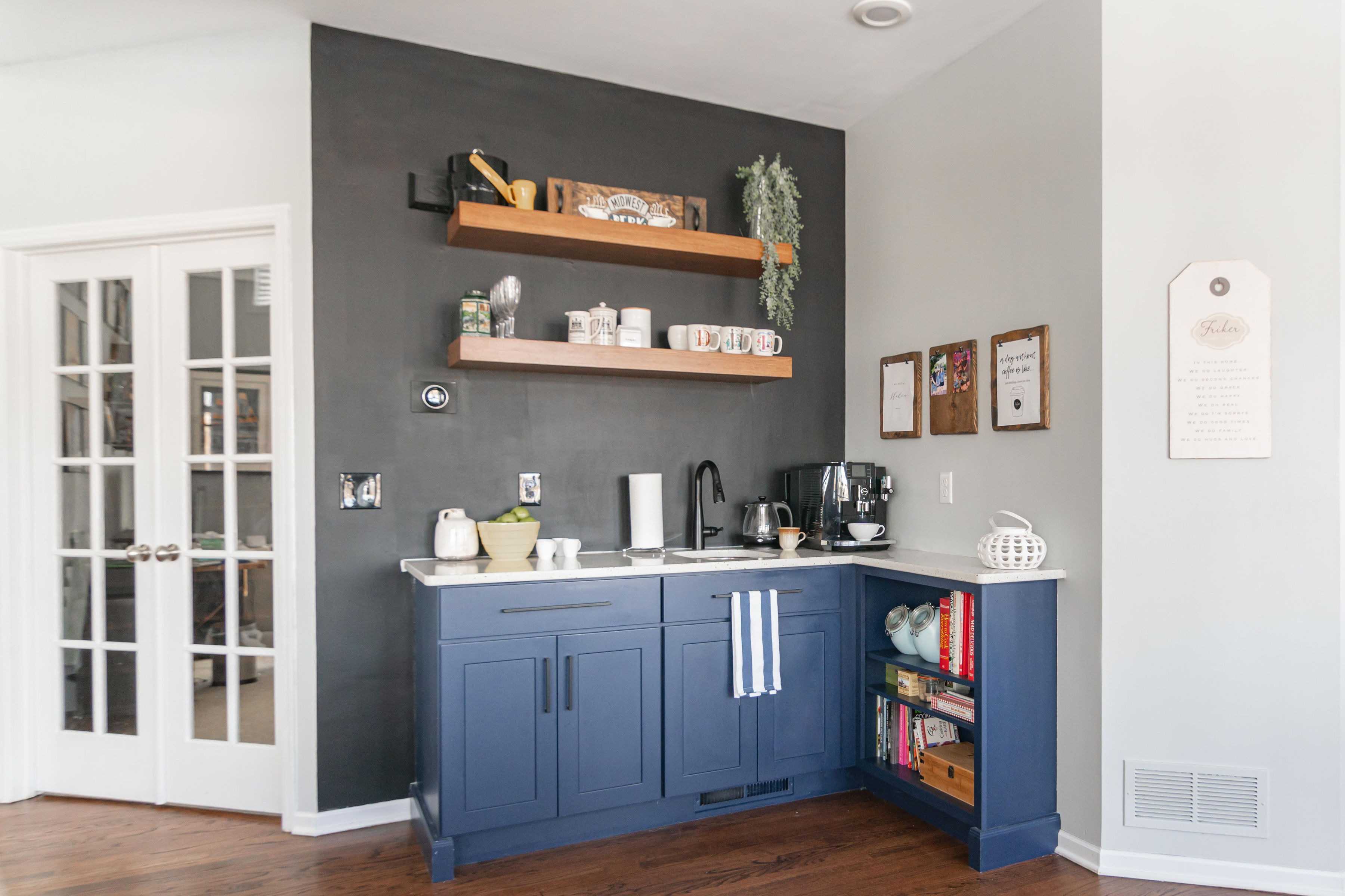 CliqStudios project: Shaker blue coffee bar cabinets with warm wood floating shelves CliqStudios project: Shaker blue coffee bar cabinets with warm wood floating shelves