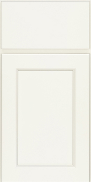 White shaker door style in painted white finish with cream undertones White shaker door style in painted white finish with cream undertones
