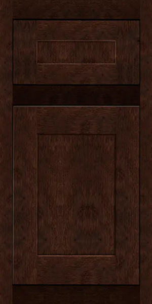 Cherry inset door style with matching 5-piece drawer front in warm chocolate-brown stain Cherry inset door style with matching 5-piece drawer front in warm chocolate-brown stain