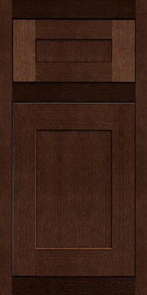 Maple inset door style with matching 5-piece drawer front in warm chocolate-brown stain Maple inset door style with matching 5-piece drawer front in warm chocolate-brown stain
