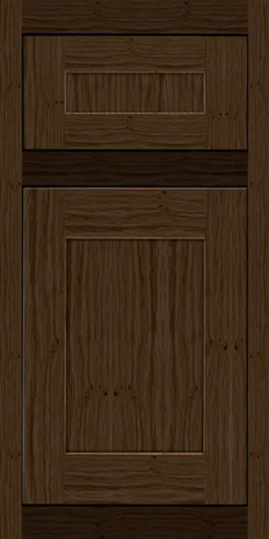 Oak inset door style with matching 5-piece drawer front in warm chocolate-brown stain Oak inset door style with matching 5-piece drawer front in warm chocolate-brown stain