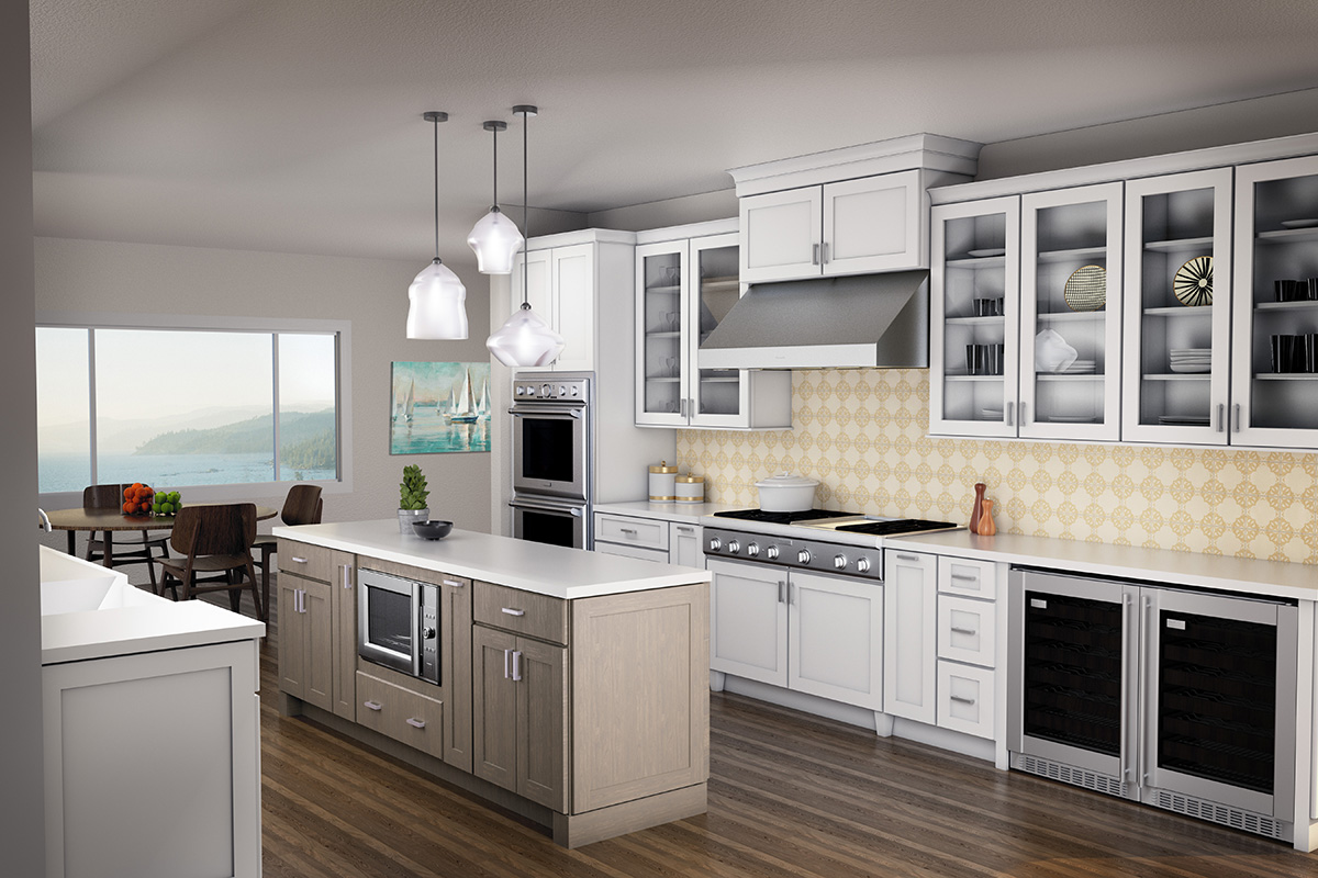 Large white shaker style galley kitchen with light brown island, chef's kitchen appliances and glass wall cabinets Large white shaker style galley kitchen with light brown island, chef's kitchen appliances and glass wall cabinets