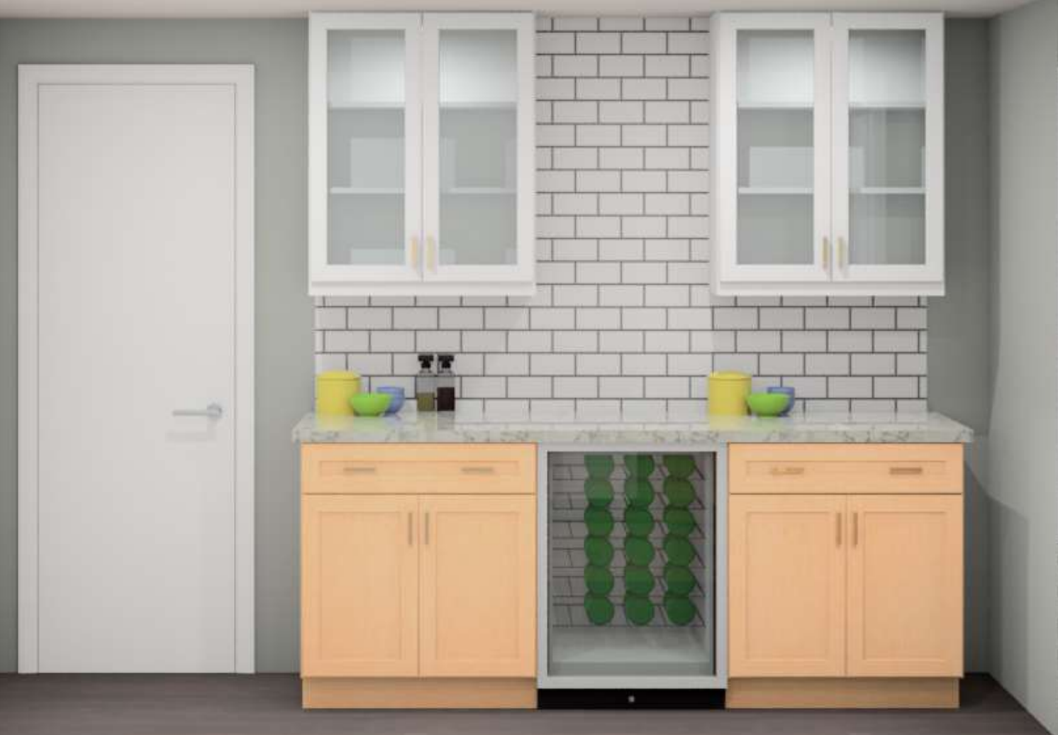 CliqStudios design packet rendering of a beverage bar with glass wall cabinets above CliqStudios design packet rendering of a beverage bar with glass wall cabinets above