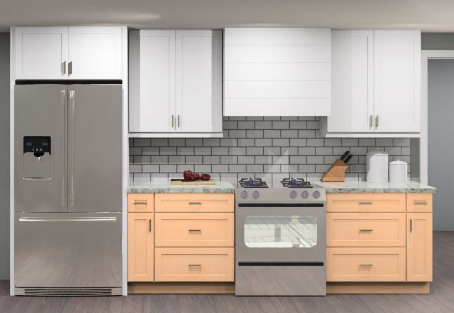 CliqStudios design packet rendering of a range wall with white wall cabinets and natural base cabinets with a shiplap wood hood CliqStudios design packet rendering of a range wall with white wall cabinets and natural base cabinets with a shiplap wood hood