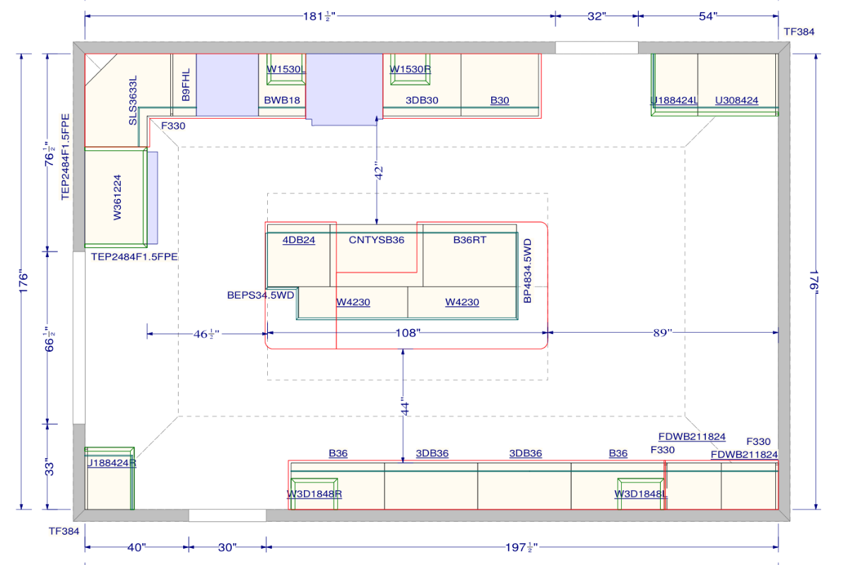 CliqStudios design packet floor plan- top down view with room measurements and cabinet nomenclature CliqStudios design packet floor plan- top down view with room measurements and cabinet nomenclature