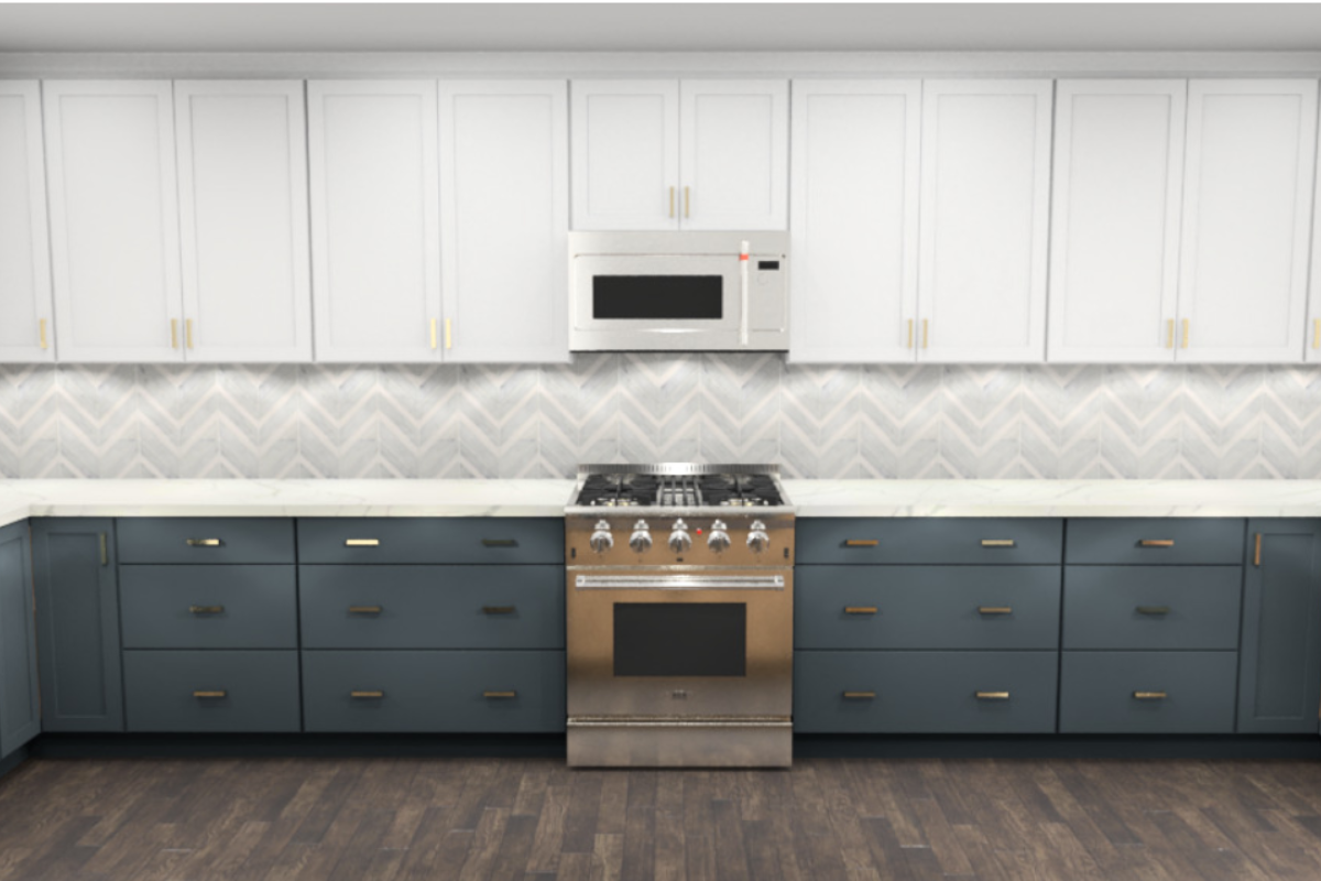 White and navy shaker kitchen design with wood-toned island in Farmhouse style White and navy shaker kitchen design with wood-toned island in Farmhouse style