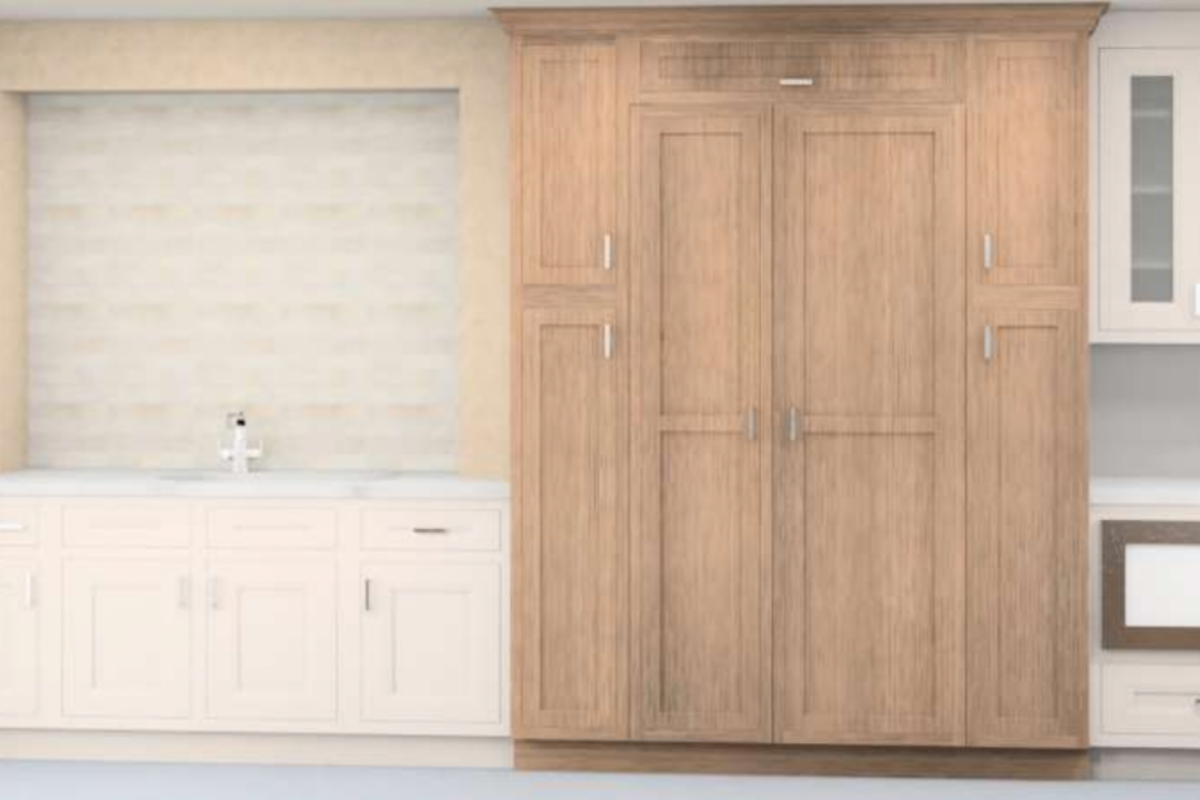 Wood stained refrigerator wall with paneled built-in refrigerator and white inset base cabinets Wood stained refrigerator wall with paneled built-in refrigerator and white inset base cabinets