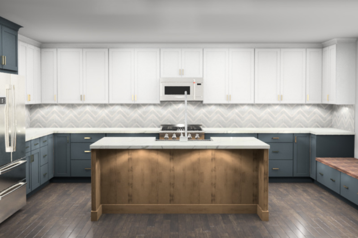 White and navy shaker kitchen design with wood-toned island in Farmhouse style White and navy shaker kitchen design with wood-toned island in Farmhouse style