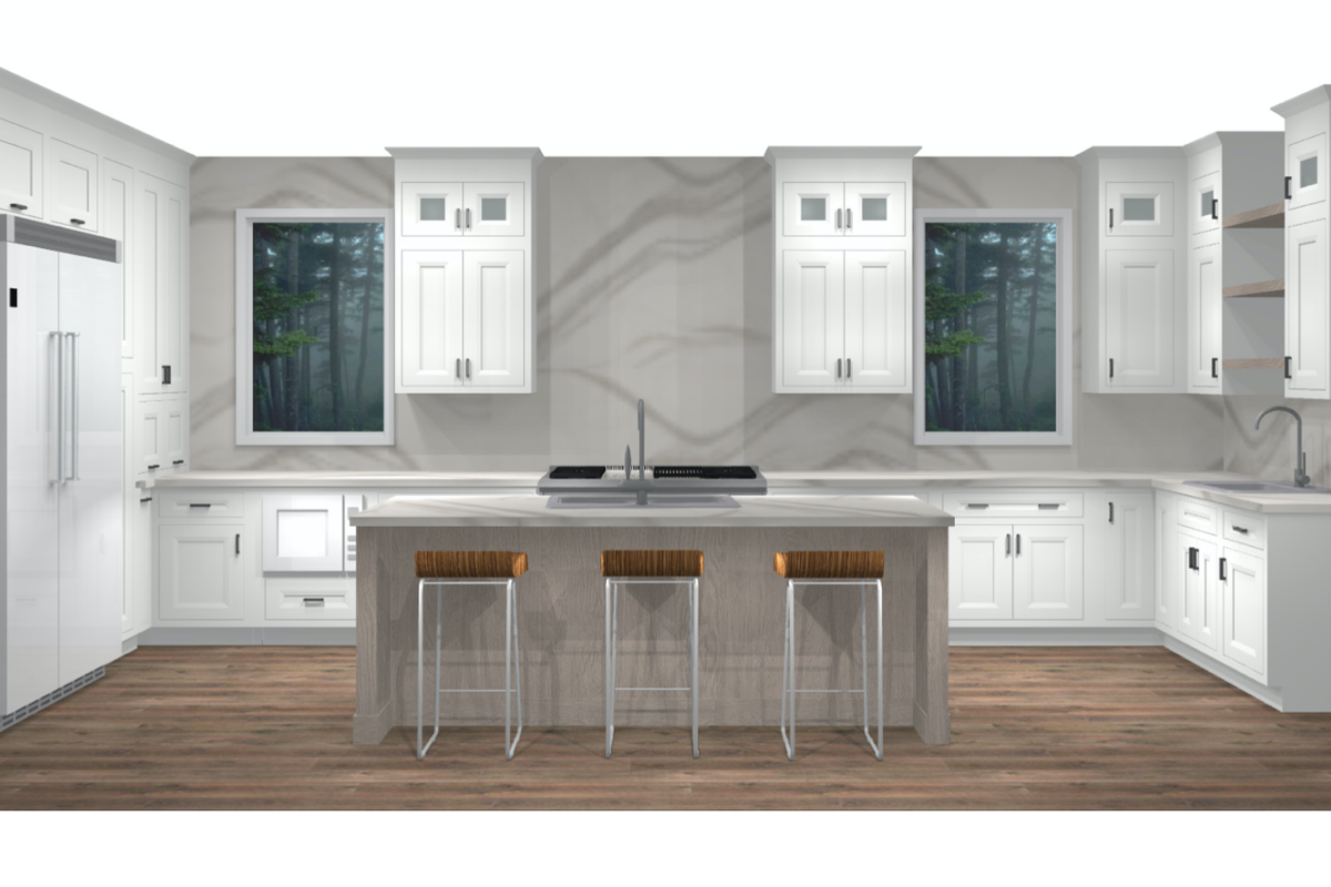 CliqStudios Design Packet Rendering of stacked white shaker inset kitchen design with a gray stained kitchen island CliqStudios Design Packet Rendering of stacked white shaker inset kitchen design with a gray stained kitchen island