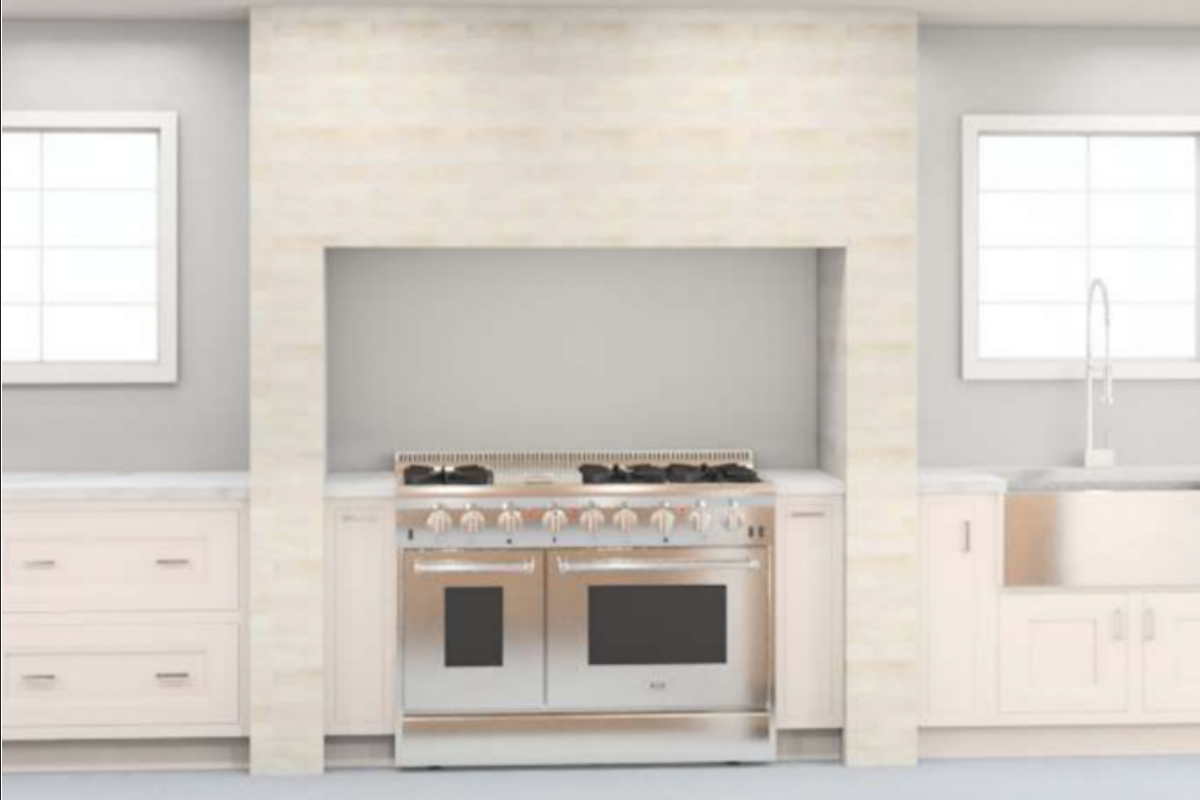 Design packet rendering of the kitchen's range wall with built-in stone alcove in Mediterranean style with white inset cabinets Design packet rendering of the kitchen's range wall with built-in stone alcove in Mediterranean style with white inset cabinets