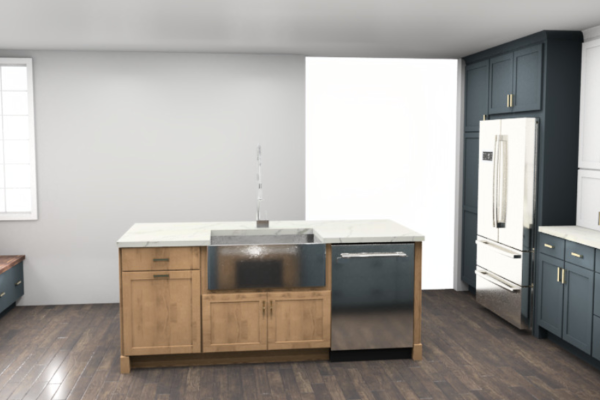 White and navy shaker kitchen design with wood-toned island in Farmhouse style White and navy shaker kitchen design with wood-toned island in Farmhouse style