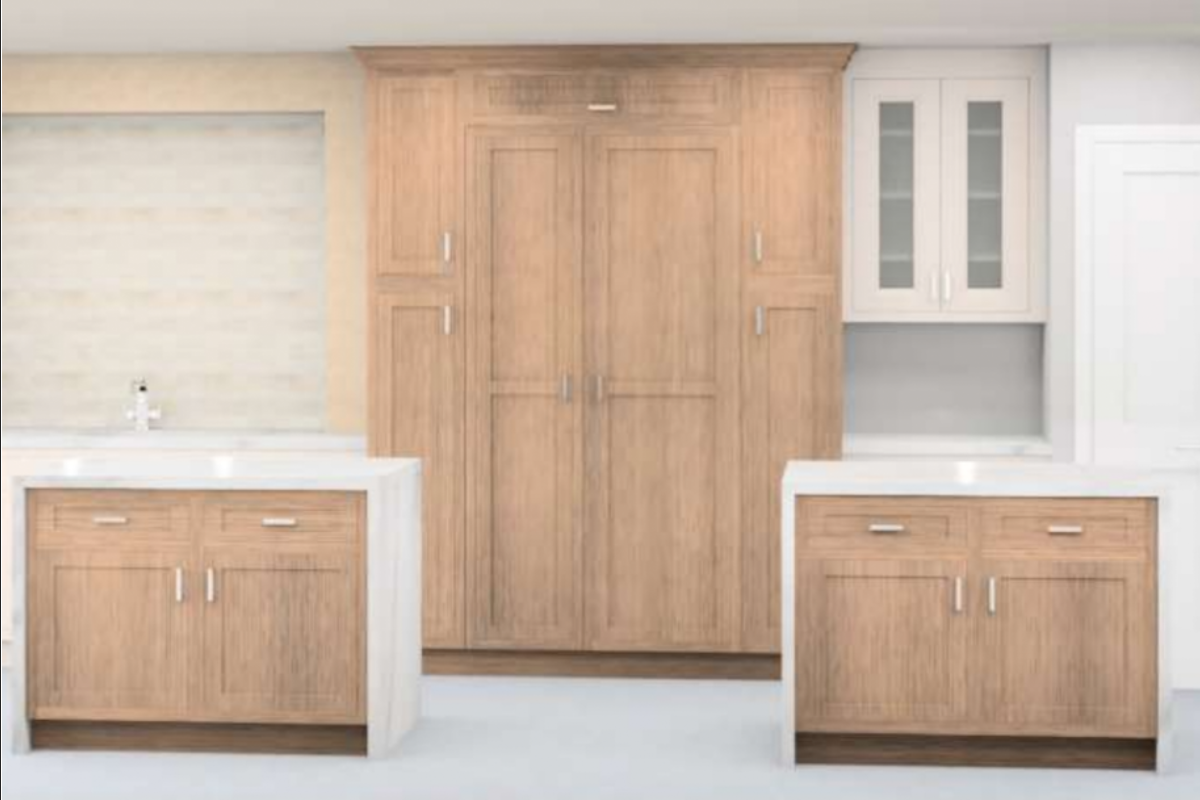 Design packet rendering of two wood stained islands and the refrigerator wall with a paneled refrigerator Design packet rendering of two wood stained islands and the refrigerator wall with a paneled refrigerator