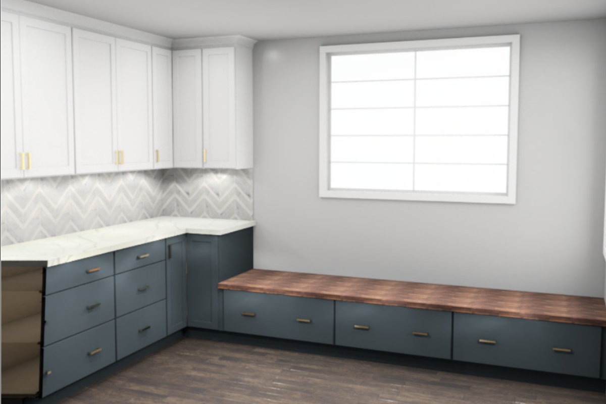 White and navy shaker kitchen design with wood-toned island in Farmhouse style White and navy shaker kitchen design with wood-toned island in Farmhouse style