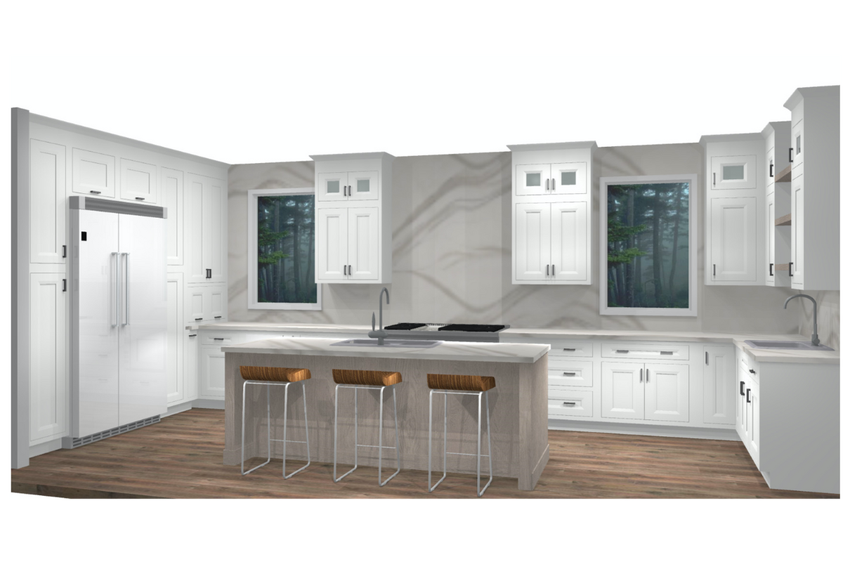 CliqStudios Design Packet Rendering of stacked white shaker inset kitchen design with a gray stained kitchen island CliqStudios Design Packet Rendering of stacked white shaker inset kitchen design with a gray stained kitchen island