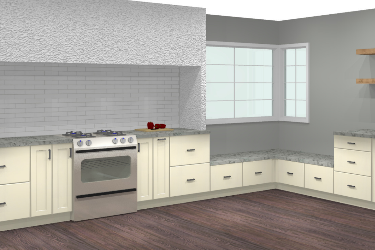Design packet rendering of a mid-century modern cream shaker kitchen cabinet design with a large custom kitchen hood Design packet rendering of a mid-century modern cream shaker kitchen cabinet design with a large custom kitchen hood