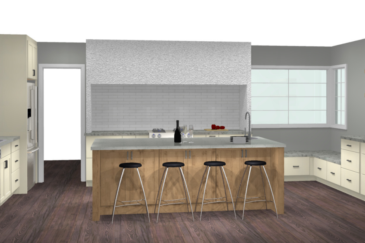 Design packet rendering of mid-century modern cream shaker kitchen cabinet design with a large custom kitchen hood and medium wood-toned island cabinets with beautiful gray stone waterfall countertops Design packet rendering of mid-century modern cream shaker kitchen cabinet design with a large custom kitchen hood and medium wood-toned island cabinets with beautiful gray stone waterfall countertops
