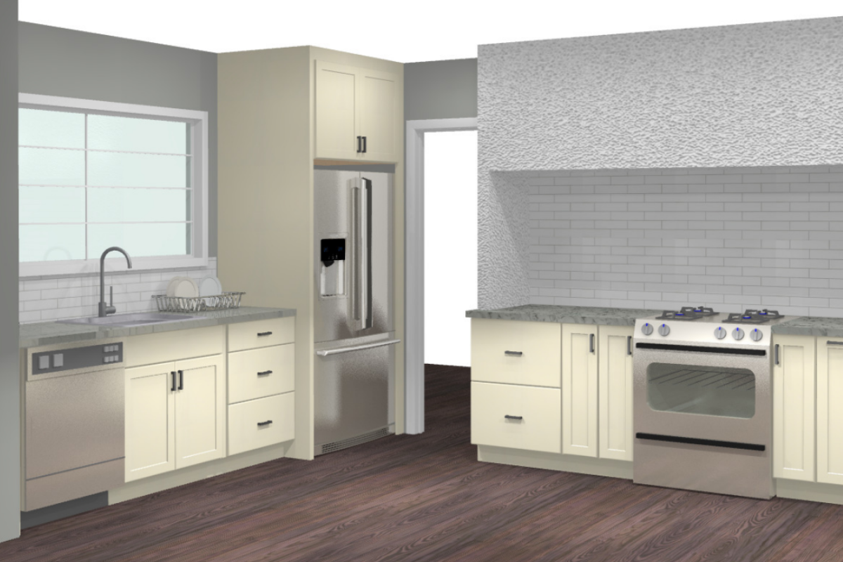 Design packet rendering of mid-century modern cream shaker kitchen cabinet design with a large custom kitchen hood Design packet rendering of mid-century modern cream shaker kitchen cabinet design with a large custom kitchen hood