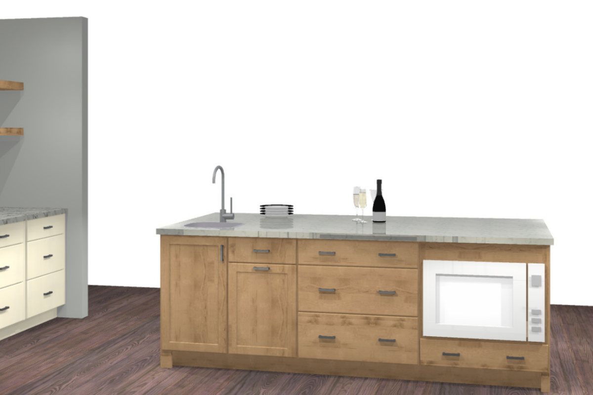Design packet rendering of a light wood kitchen island with a built-in microwave, pull-out trash cabinet, and a sink base cabinet Design packet rendering of a light wood kitchen island with a built-in microwave, pull-out trash cabinet, and a sink base cabinet
