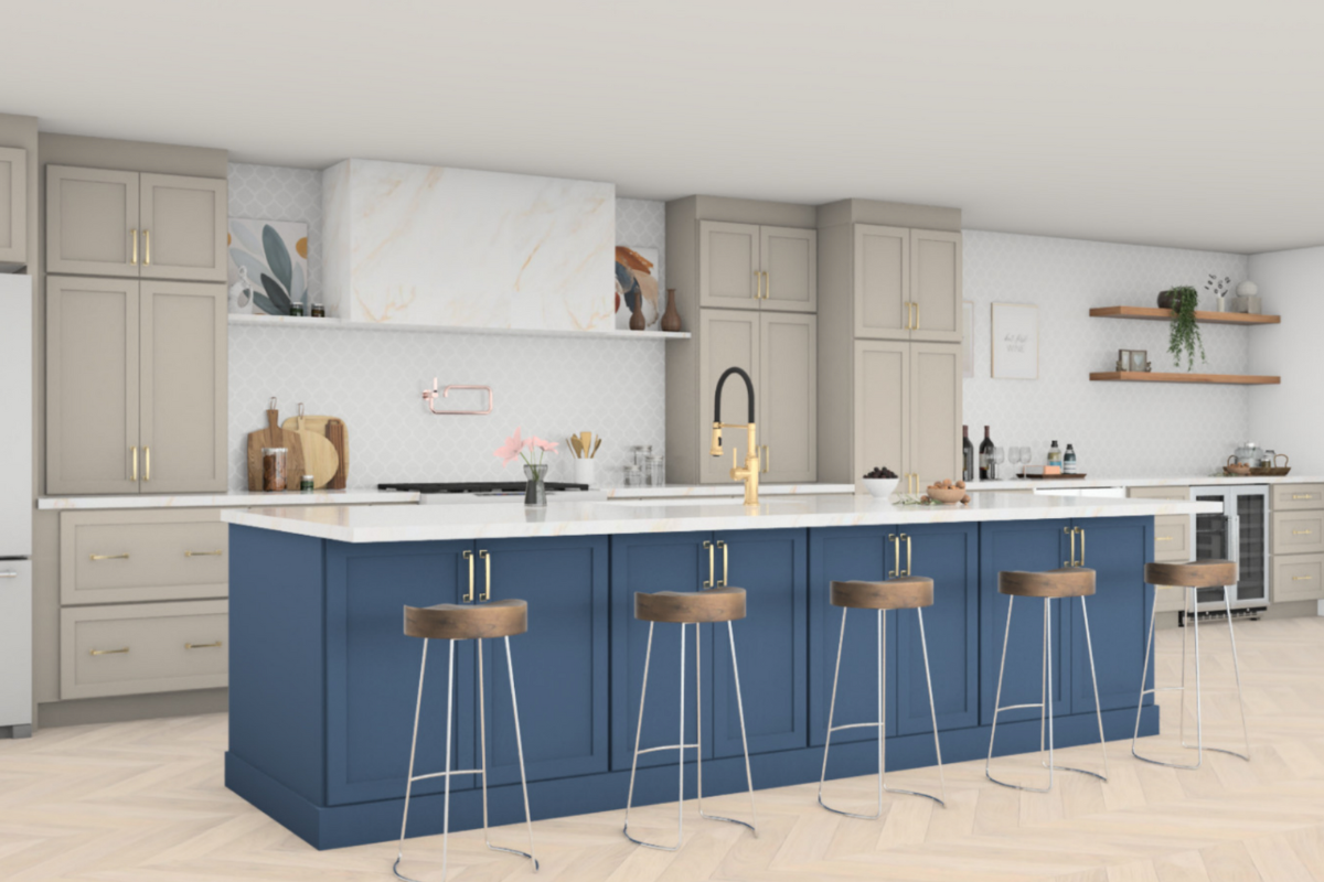 CliqStudios Kitchen Design Packet with one long wall of gray shaker cabinets and a large blue shaker kitchen island CliqStudios Kitchen Design Packet with one long wall of gray shaker cabinets and a large blue shaker kitchen island