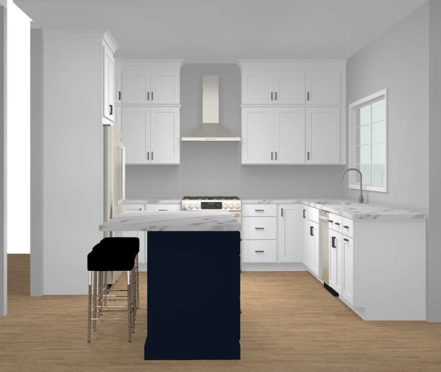 CliqStudios design packet rendering in white and blue shaker cabinets CliqStudios design packet rendering in white and blue shaker cabinets