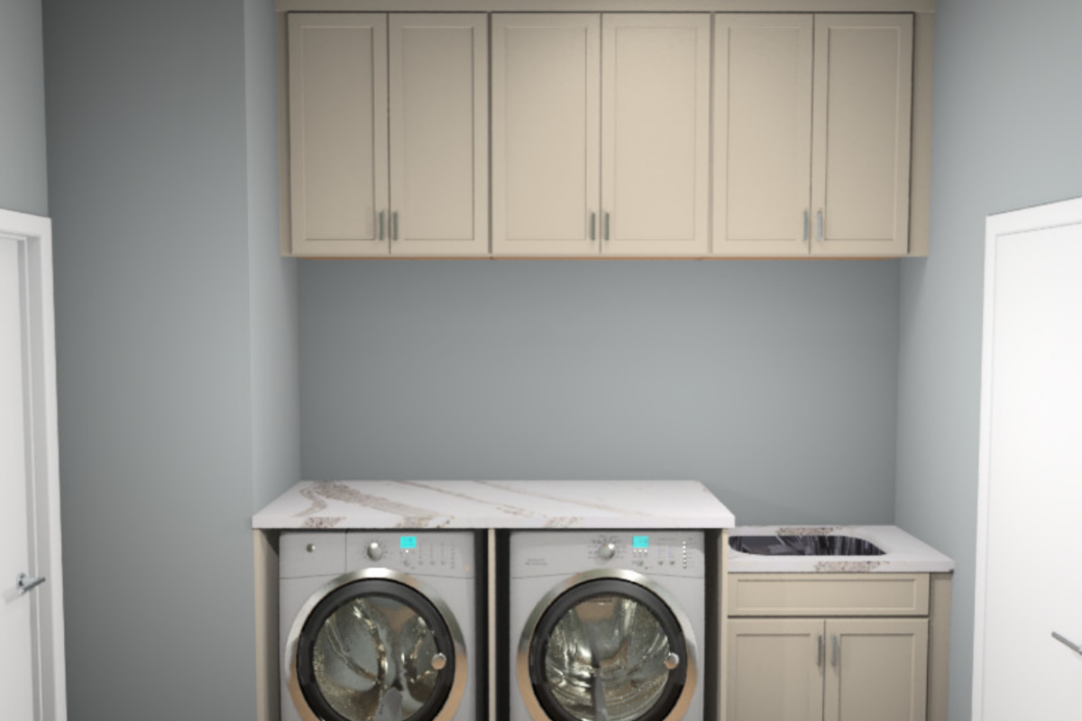 CliqStudios design packet rendering of laundry room wall with washer dryer and taupe shaker cabinets above with black quartz countertops CliqStudios design packet rendering of laundry room wall with washer dryer and taupe shaker cabinets above with black quartz countertops