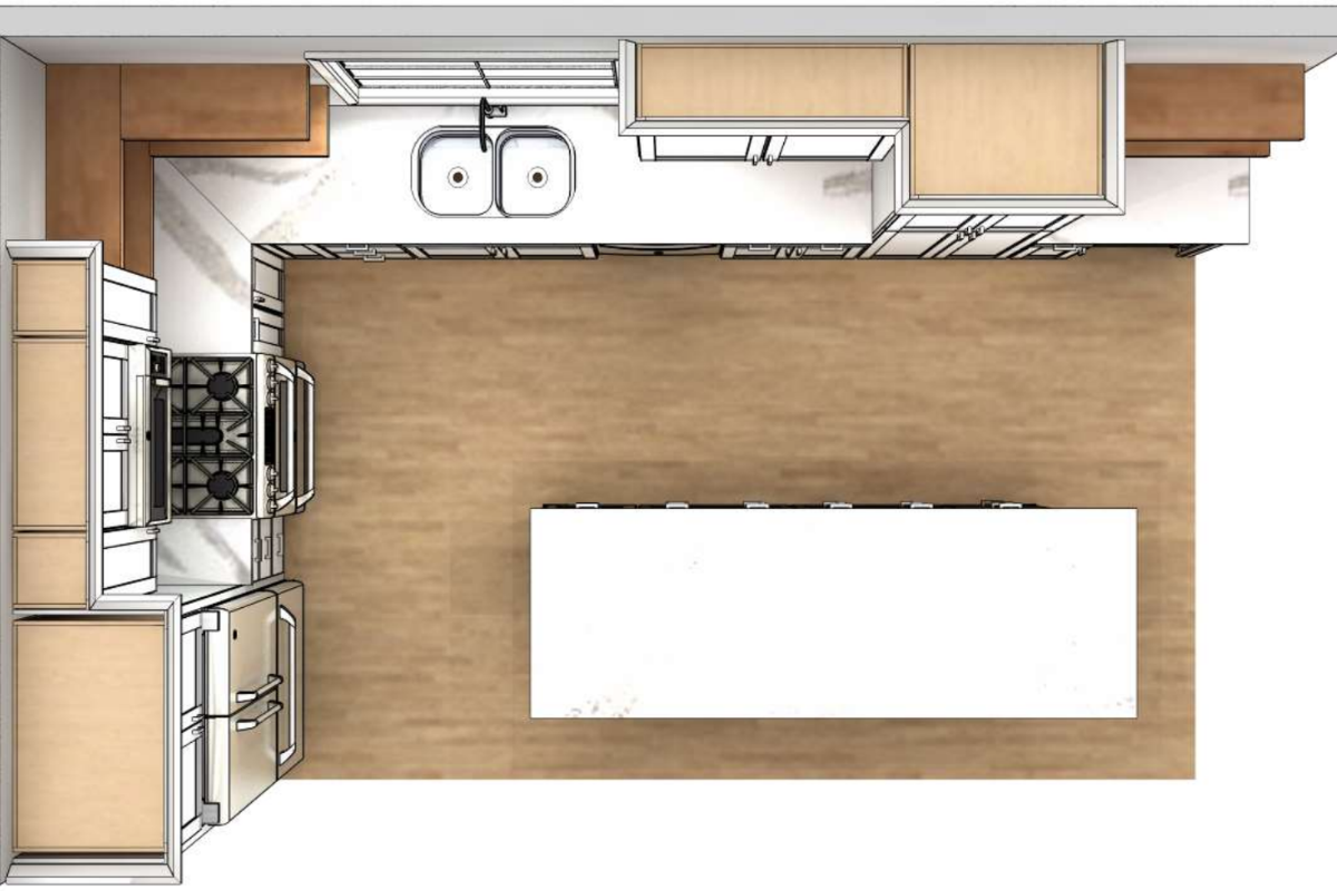 CliqStudios design packet rendering- floor plan view of white shaker kitchen with wood floating shelves and a large gray shaker island CliqStudios design packet rendering- floor plan view of white shaker kitchen with wood floating shelves and a large gray shaker island