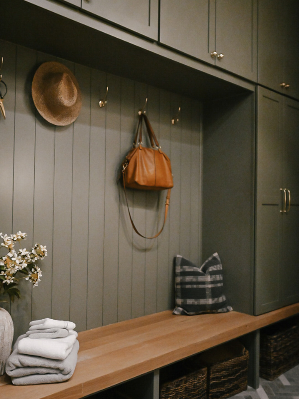 Olive green mudroom locker cabinets with white oak bench in between and matching green shiplap wall behind Olive green mudroom locker cabinets with white oak bench in between and matching green shiplap wall behind