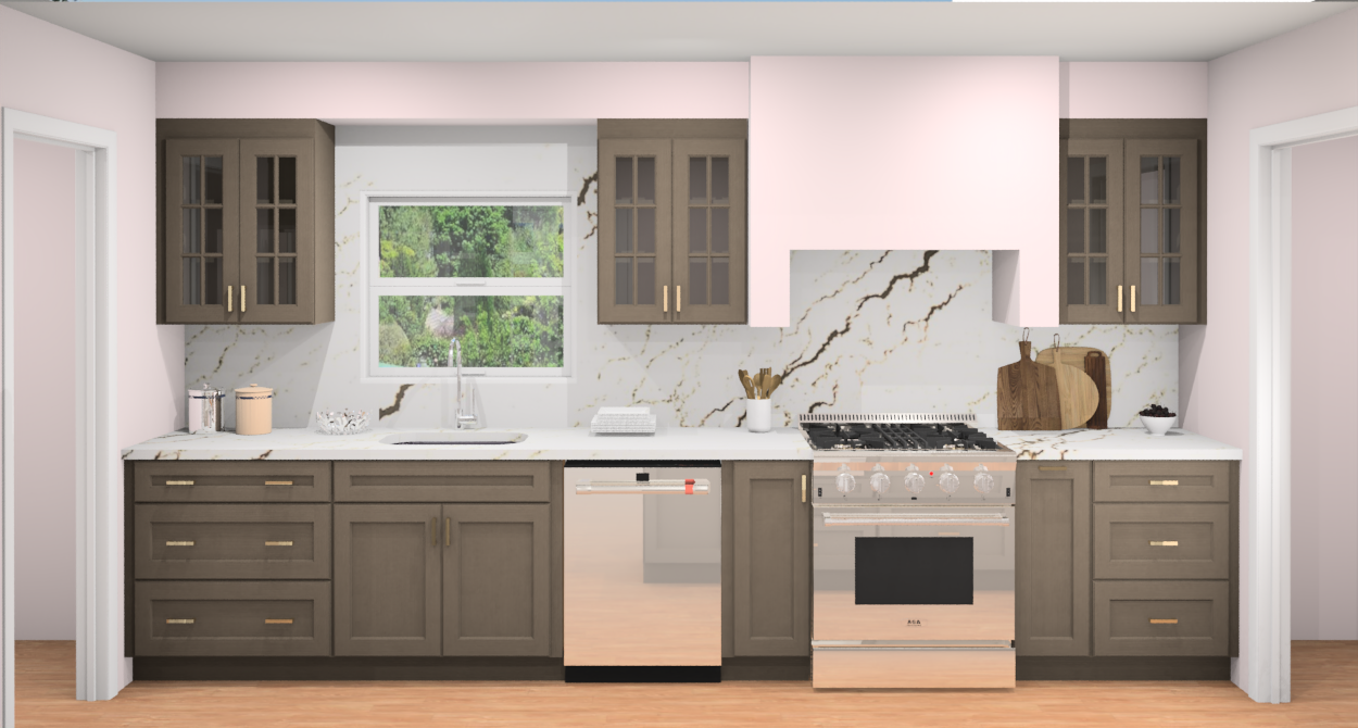 Brown stained shaker cabinets with mullion glass doors and modern crown molding Brown stained shaker cabinets with mullion glass doors and modern crown molding