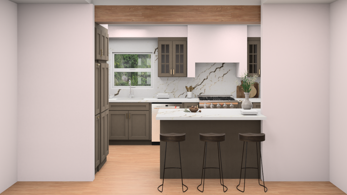 Brown stained shaker cabinets with mullion glass doors and modern crown molding Brown stained shaker cabinets with mullion glass doors and modern crown molding