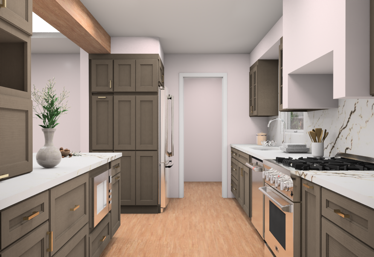 Brown stained shaker cabinets with mullion glass doors and modern crown molding Brown stained shaker cabinets with mullion glass doors and modern crown molding