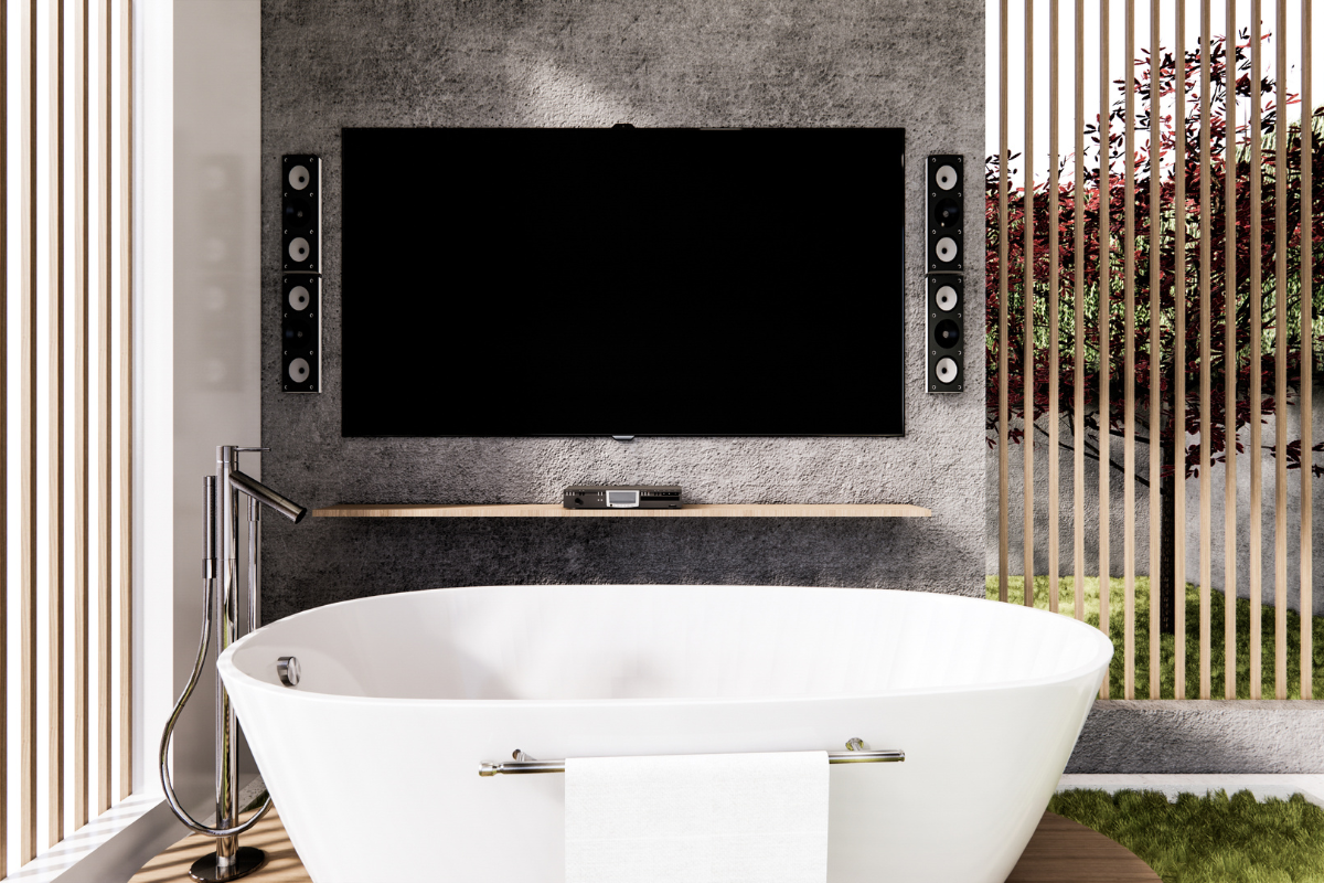 Luxury bathroom remodel with free-standing tub and focal wall with a TV Luxury bathroom remodel with free-standing tub and focal wall with a TV