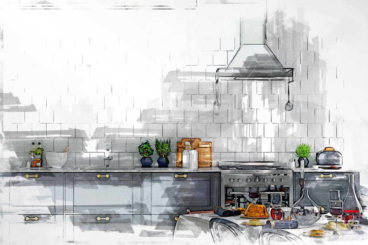 Hand-rendered modern kitchen design with a stainless steel hood over a gas range and dark gray base cabinets