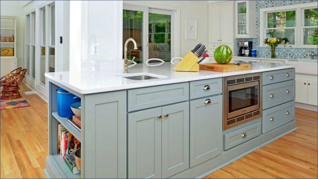 Light gray shaker kitchen cabinet island with open shelves Light gray shaker kitchen cabinet island with open shelves