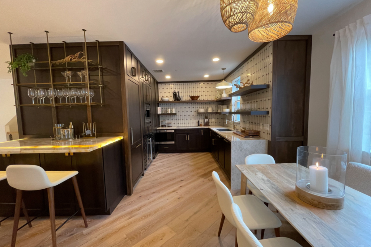 U-shaped dark brown kitchen cabinet design with all floating shelves and unique vertical subway tile backsplash U-shaped dark brown kitchen cabinet design with all floating shelves and unique vertical subway tile backsplash