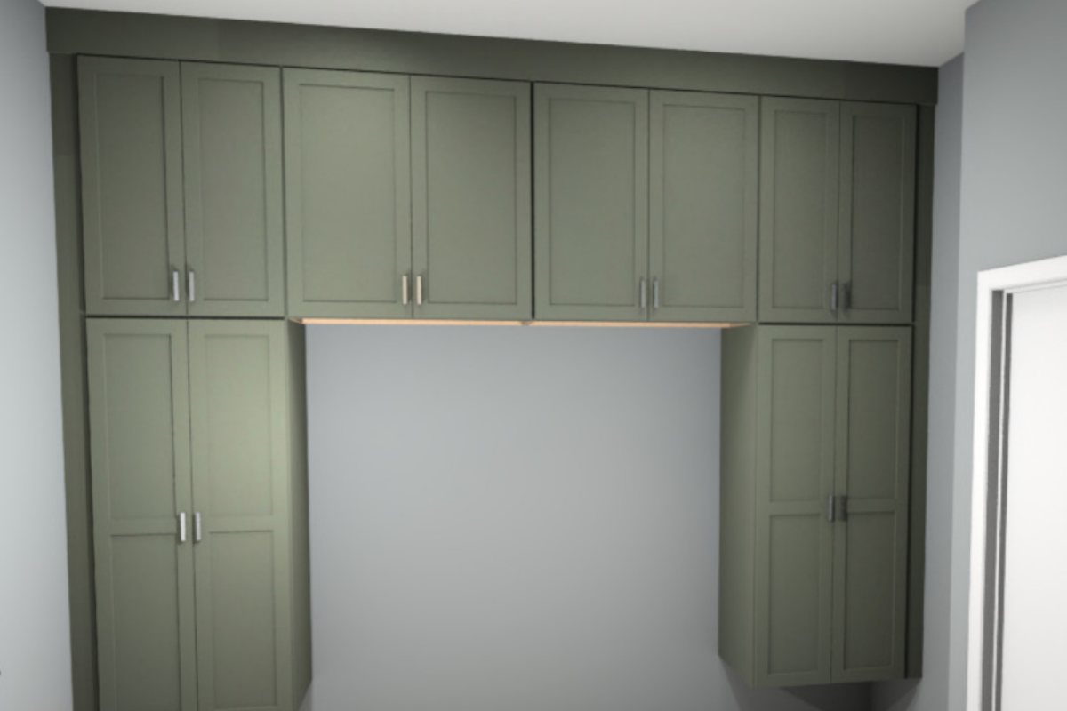 CliqStudios design packet rendering of olive green mudroom lockers with opening in the middle for a bench CliqStudios design packet rendering of olive green mudroom lockers with opening in the middle for a bench
