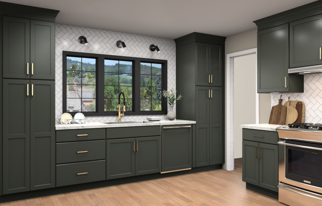 Large kitchen with green cabinets with white subway tile, golde hardware, and modern black lighting accents Large kitchen with green cabinets with white subway tile, golde hardware, and modern black lighting accents