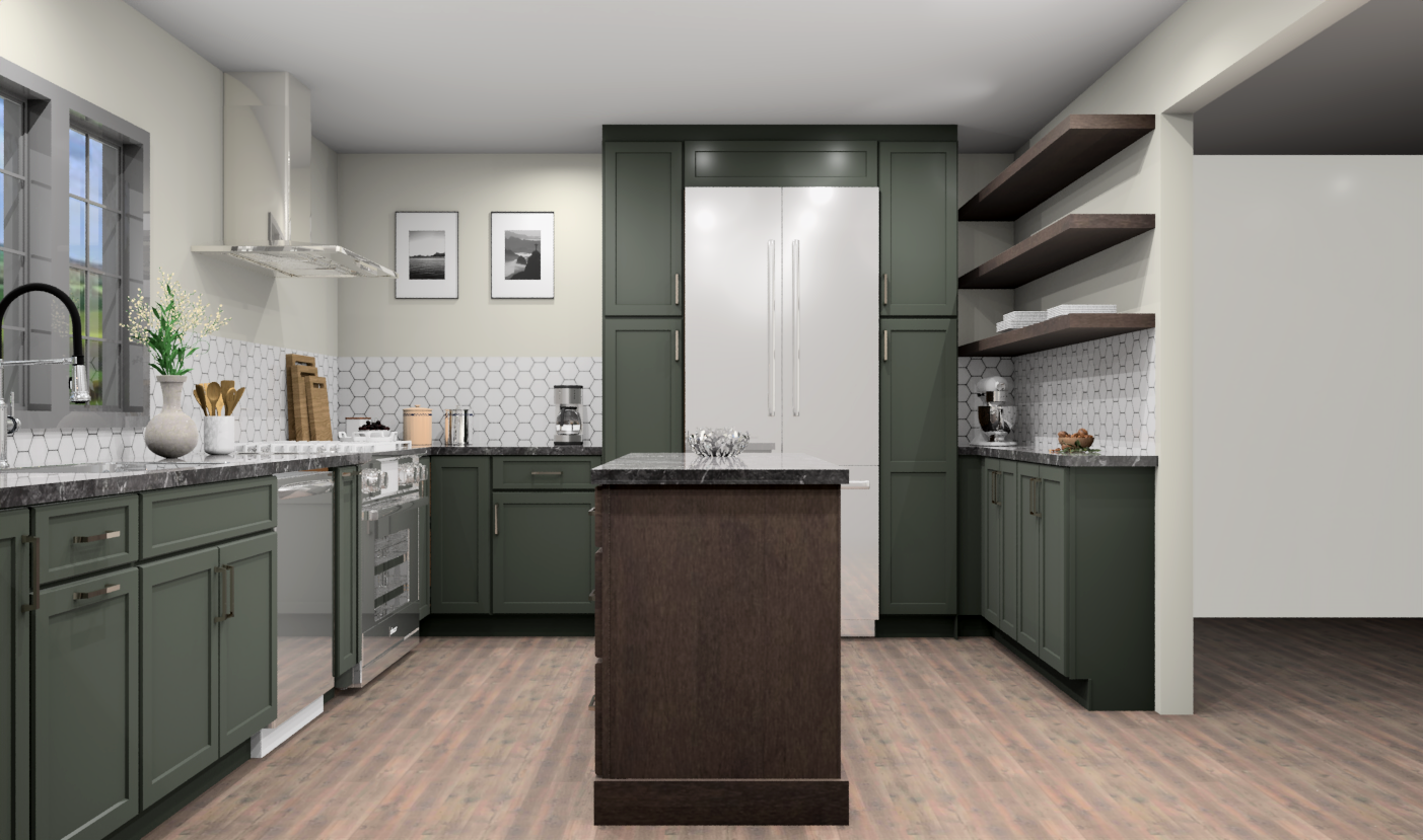 Open concept green kitchen cabinets with chocolate brown island and floating shelves with white hex backsplash and stainless appliances Open concept green kitchen cabinets with chocolate brown island and floating shelves with white hex backsplash and stainless appliances