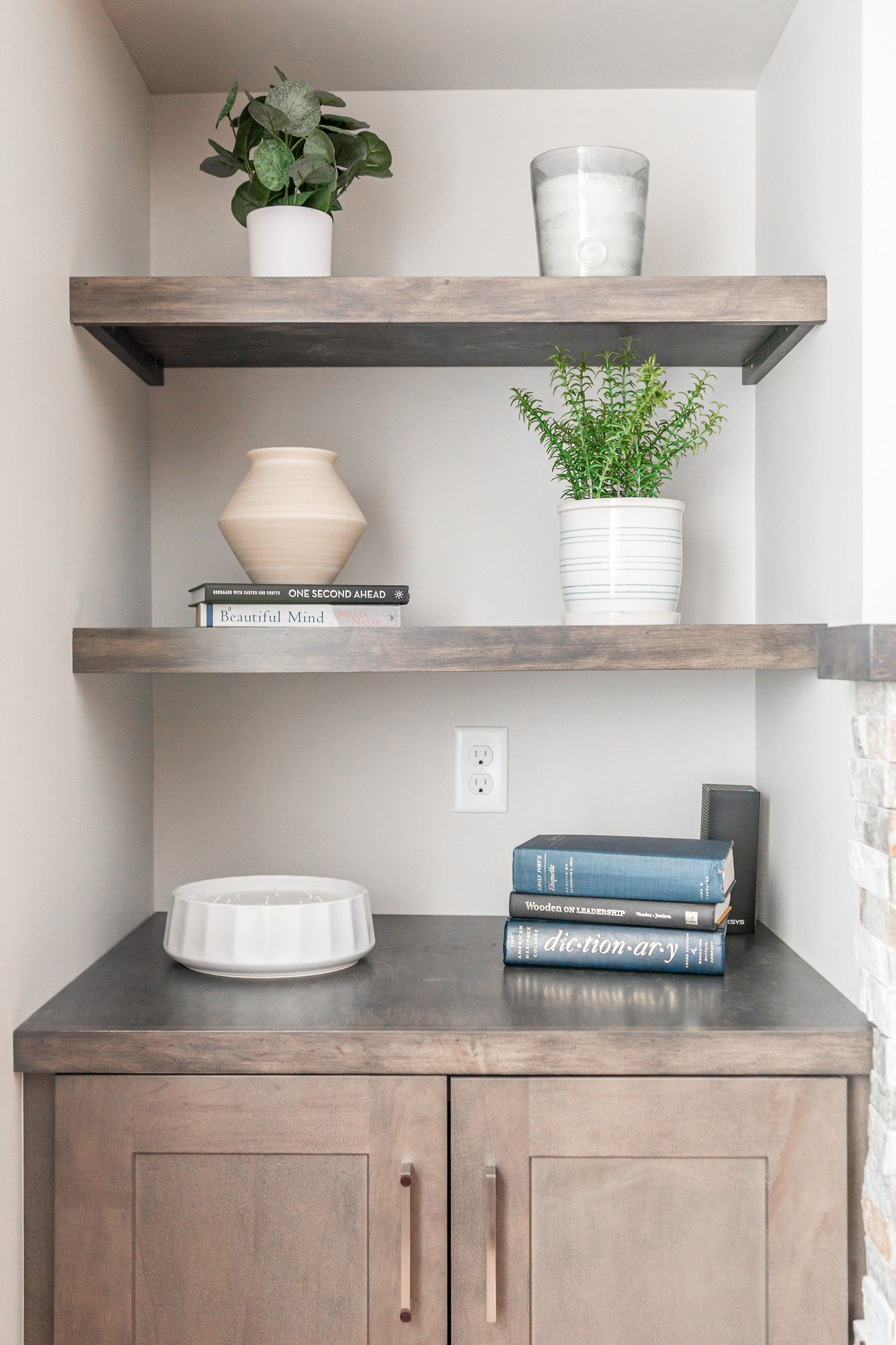 CliqStudios project: Warm wood shaker cabinets in small entertainment center with floating shelves CliqStudios project: Warm wood shaker cabinets in small entertainment center with floating shelves